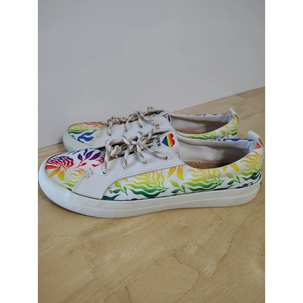 SPERRY Canvas Boat Shoes size 9.5 Floral White Rainbow Peace Love Colorful